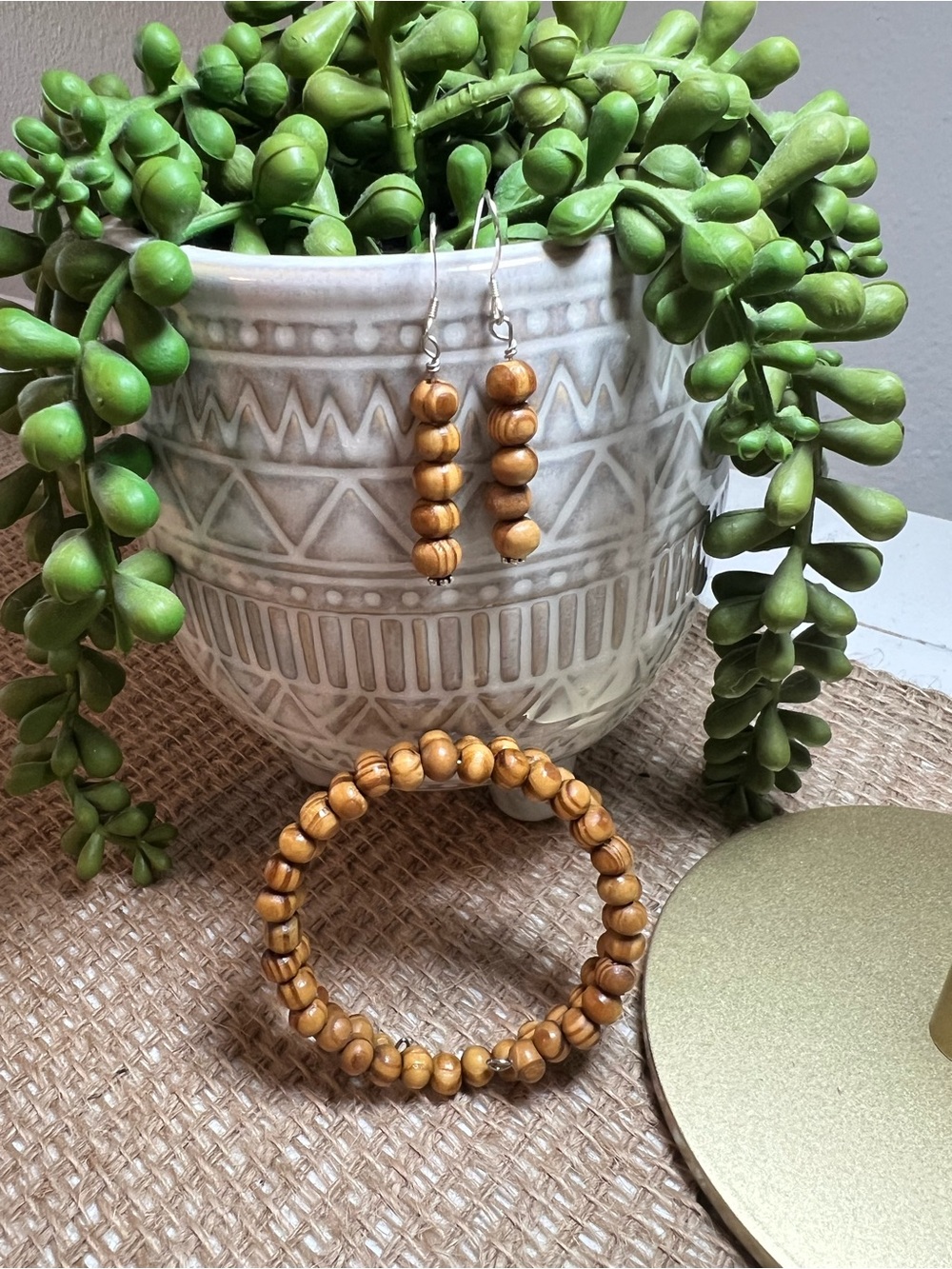 Natural Wood Bead memory wire Bracelet & Earrings Set - Tan